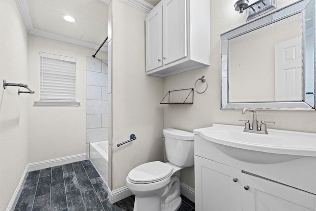 3806 Rainier St, Irving, TX 75062 - full bath with vanity, ornamental molding, toilet, baseboards, and  shower combination