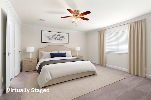 3806 Rainier St, Irving, TX 75062 - carpeted bedroom featuring crown molding, baseboards, and a ceiling fan