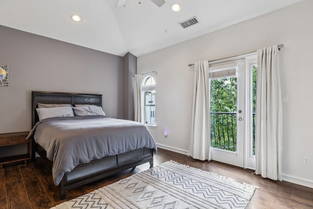 2022 N Fitzhugh Ave Unit E, Dallas, TX 75204 - bedroom featuring multiple windows, access to exterior, wood finished floors, lofted ceiling, and recessed lighting