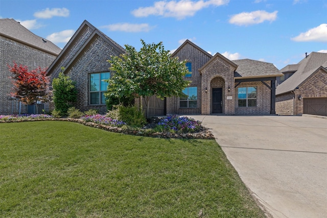 945 Colby Bluff Dr, Rockwall, TX 75087 - french country style house with brick siding, concrete driveway, and a front lawn