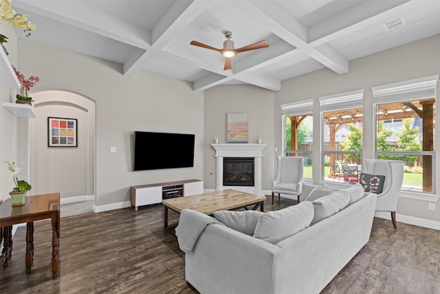 945 Colby Bluff Dr, Rockwall, TX 75087 - living area featuring coffered ceiling, baseboards, dark wood-style floors, beam ceiling, and a glass covered fireplace
