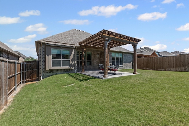 945 Colby Bluff Dr, Rockwall, TX 75087 - back of property with a pergola, a patio area, roof with shingles, brick siding, and a gate