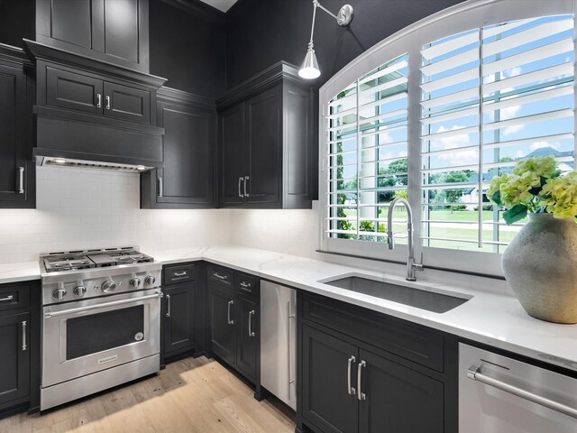 2161 Honey Ln, Celina, TX 75009 - kitchen featuring stainless steel appliances, a sink, backsplash, light wood-type flooring, and dark cabinetry
