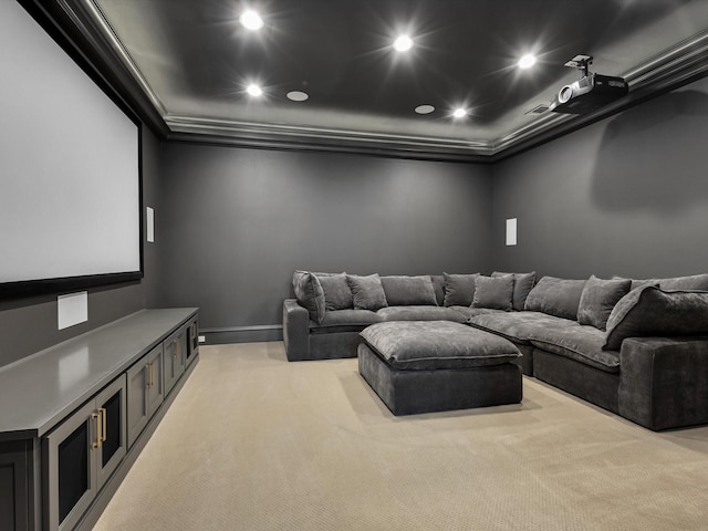 2161 Honey Ln, Celina, TX 75009 - home theater with light carpet, recessed lighting, ornamental molding, and baseboards