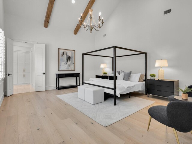 2161 Honey Ln, Celina, TX 75009 - bedroom featuring a chandelier, wood finished floors, high vaulted ceiling, beam ceiling, and baseboards