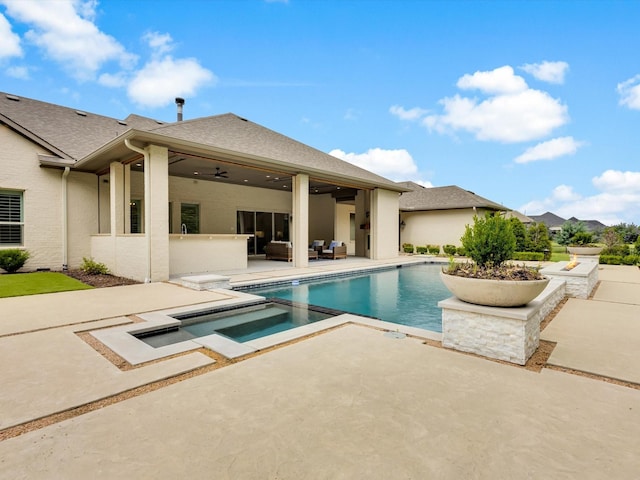 2161 Honey Ln, Celina, TX 75009 - view of swimming pool with a patio area, ceiling fan, an outdoor hangout area, and a pool with connected hot tub