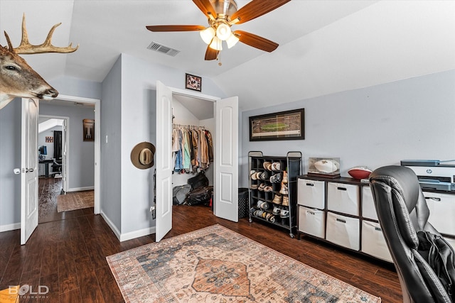 301 Galway Dr, Shreveport, LA 71115 - office space featuring ceiling fan, vaulted ceiling, wood finished floors, and baseboards