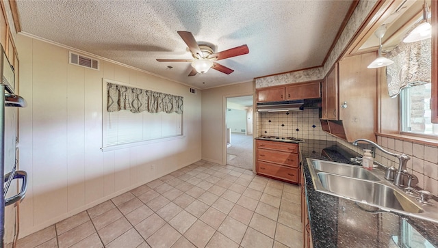 10335 Nolan Dr, Tyler, TX 75709 - kitchen featuring crown molding, dark countertops, ceiling fan, under cabinet range hood, and brown cabinetry