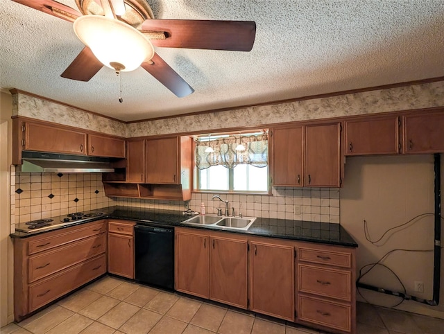 10335 Nolan Dr, Tyler, TX 75709 - kitchen featuring black dishwasher, stainless steel stovetop, dark countertops, a textured ceiling, and a sink