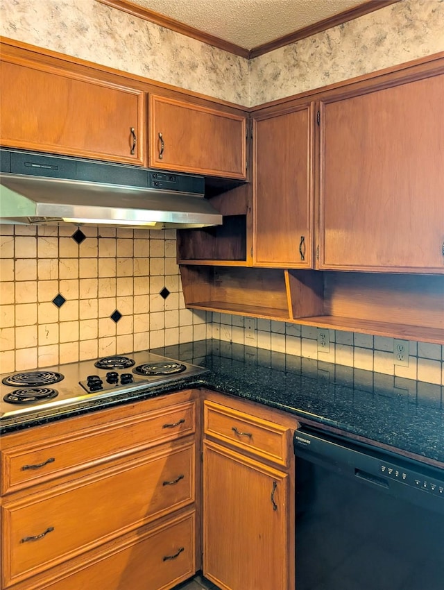 10335 Nolan Dr, Tyler, TX 75709 - kitchen with dishwashing machine, electric cooktop, open shelves, tasteful backsplash, and under cabinet range hood
