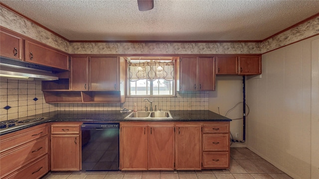 10335 Nolan Dr, Tyler, TX 75709 - kitchen featuring dishwasher, a sink, dark countertops, electric cooktop, and under cabinet range hood