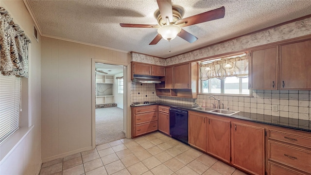 10335 Nolan Dr, Tyler, TX 75709 - kitchen featuring dishwasher, a sink, a textured ceiling, plenty of natural light, and dark countertops