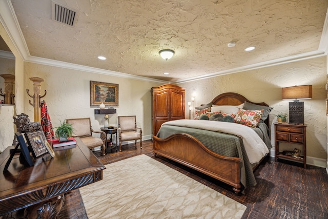 2590 King Arthur Blvd, Lewisville, TX 75056 - bedroom with a textured wall, ornamental molding, hardwood / wood-style floors, baseboards, and recessed lighting