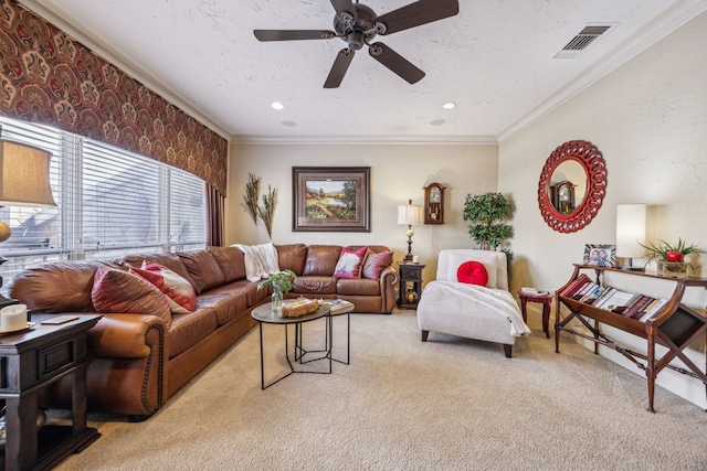 2590 King Arthur Blvd, Lewisville, TX 75056 - living room featuring light carpet, ceiling fan, ornamental molding, and recessed lighting