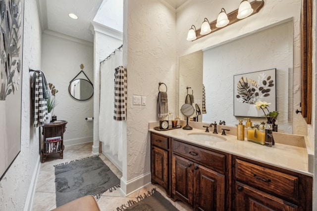 2590 King Arthur Blvd, Lewisville, TX 75056 - full bath with crown molding, vanity, a shower with curtain, a textured wall, and tile patterned flooring