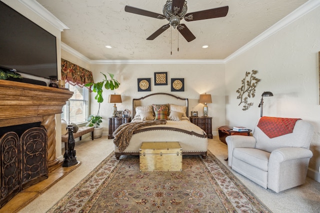 2590 King Arthur Blvd, Lewisville, TX 75056 - bedroom featuring carpet flooring, a fireplace with raised hearth, crown molding, ceiling fan, and recessed lighting