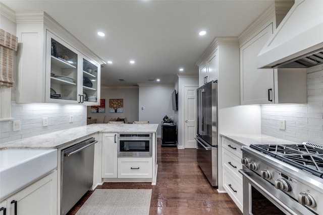 704 Winchester Dr, Richardson, TX 75080 - kitchen with premium range hood, appliances with stainless steel finishes, a peninsula, ornamental molding, and light stone countertops