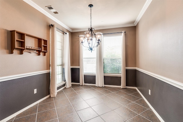 201 Barkley Dr, Hickory Creek, TX 75065 - unfurnished dining area with a chandelier, dark tile patterned floors, crown molding, and baseboards