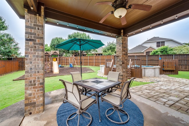 201 Barkley Dr, Hickory Creek, TX 75065 - view of patio featuring a hot tub, outdoor dining area, a playground, and ceiling fan