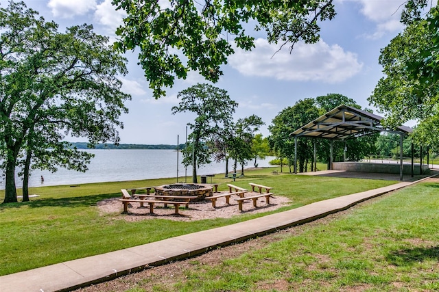 201 Barkley Dr, Hickory Creek, TX 75065 - view of community with an outdoor fire pit, a water view, a lawn, and a gazebo