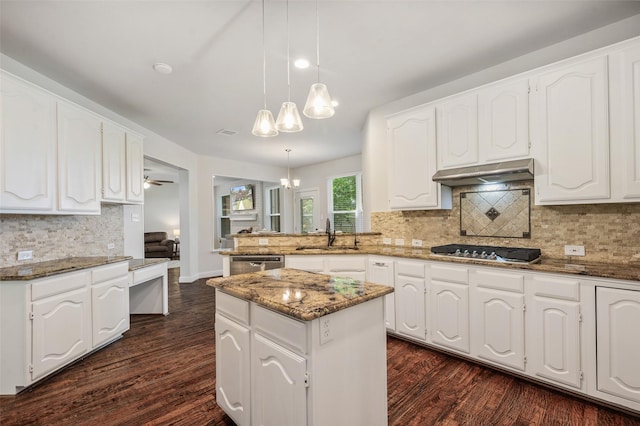 2145 Tartan Trl, Highland Village, TX 75077 - kitchen featuring under cabinet range hood, stainless steel appliances, a sink, a peninsula, and a chandelier