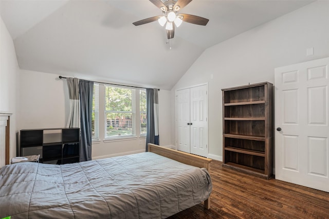 2145 Tartan Trl, Highland Village, TX 75077 - bedroom featuring lofted ceiling, wood finished floors, a ceiling fan, a closet, and baseboards