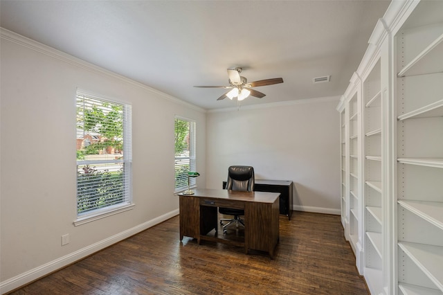 2145 Tartan Trl, Highland Village, TX 75077 - home office with dark wood-style flooring, crown molding, a ceiling fan, and baseboards