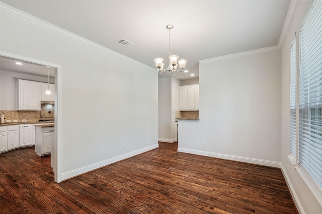 2145 Tartan Trl, Highland Village, TX 75077 - unfurnished dining area with ornamental molding, baseboards, a chandelier, dark wood-style floors, and recessed lighting