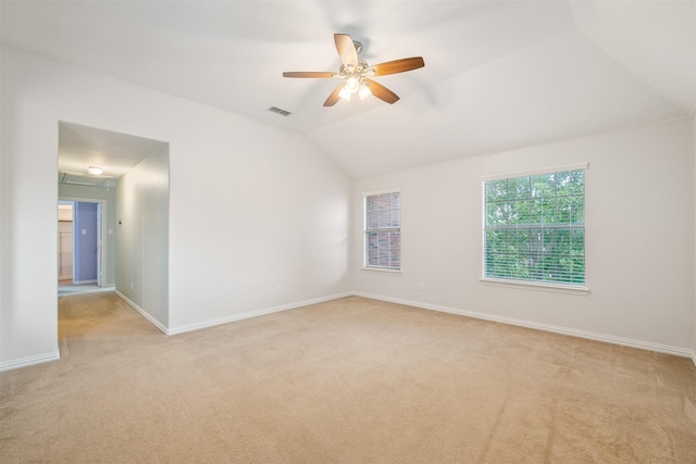 459 Bristol St, Roanoke, TX 76262 - empty room featuring light carpet, ceiling fan, lofted ceiling, and baseboards