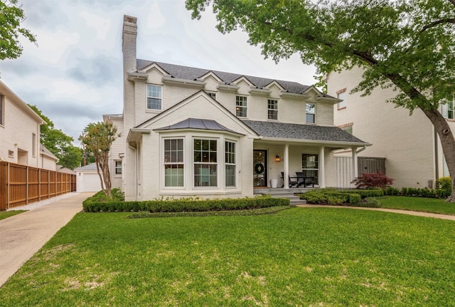 2800 Amherst Ave, University Park, TX 75225 - view of front of house featuring covered porch, a chimney, a garage, and an outbuilding