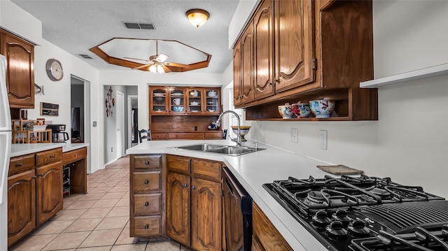 103 Shannon Dr, Allen, TX 75002 - kitchen featuring a sink, black gas cooktop, light tile patterned floors, open shelves, and ceiling fan