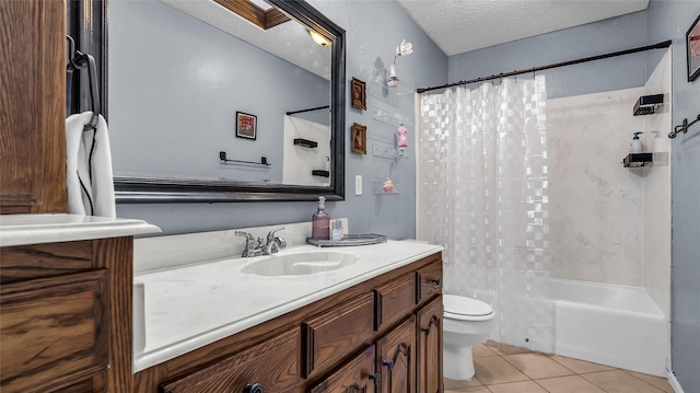103 Shannon Dr, Allen, TX 75002 - full bath featuring vanity, toilet, a textured ceiling, tile patterned flooring, and shower / tub combo with curtain