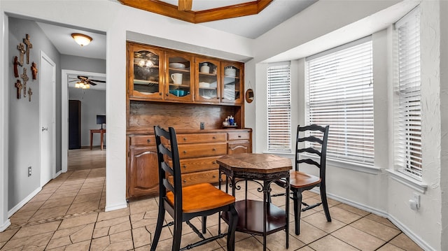 103 Shannon Dr, Allen, TX 75002 - dining space featuring light tile patterned floors, ceiling fan, healthy amount of natural light, and baseboards