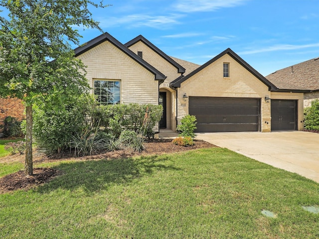 9713 Excursion Dr, Little Elm, TX 75068 - french country style house featuring an attached garage, driveway, brick siding, and a front yard