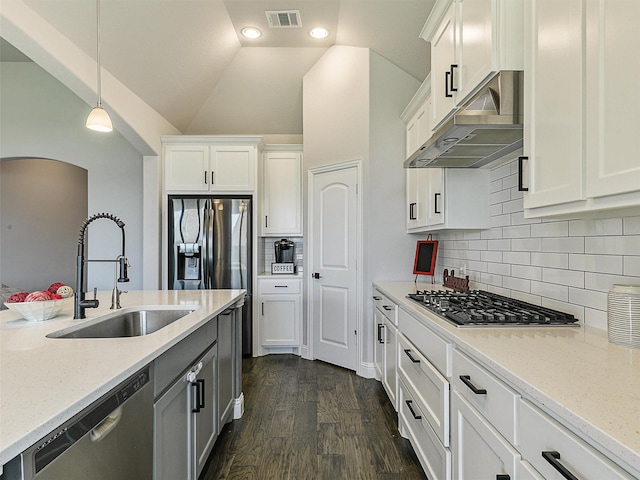 9713 Excursion Dr, Little Elm, TX 75068 - kitchen featuring appliances with stainless steel finishes, a sink, ventilation hood, white cabinets, and lofted ceiling