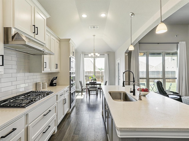 9713 Excursion Dr, Little Elm, TX 75068 - kitchen featuring a sink, stainless steel appliances, under cabinet range hood, dark wood finished floors, and a chandelier