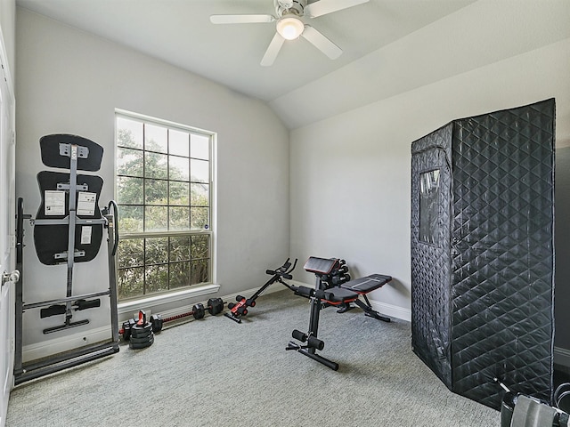 9713 Excursion Dr, Little Elm, TX 75068 - workout area featuring carpet, ceiling fan, plenty of natural light, vaulted ceiling, and baseboards