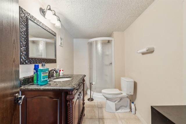 745 Buckner Blvd, Dallas, TX 75218 - full bathroom with vanity, a shower stall, a textured ceiling, toilet, and tile patterned flooring