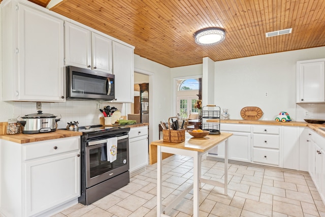 2227 Fm 2815 S, Bonham, TX 75418 - kitchen featuring stainless steel microwave, range with electric cooktop, decorative backsplash, butcher block countertops, and white cabinetry