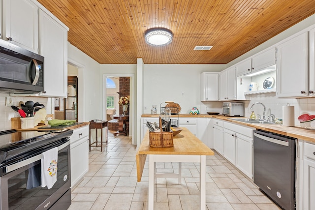 2227 Fm 2815 S, Bonham, TX 75418 - kitchen with appliances with stainless steel finishes, a sink, backsplash, wood counters, and white cabinetry