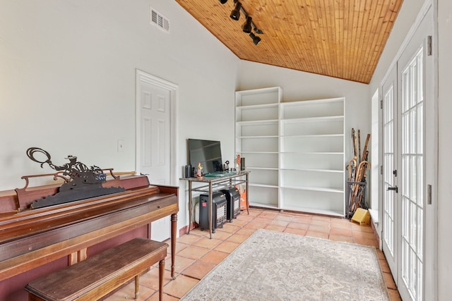 2227 Fm 2815 S, Bonham, TX 75418 - sitting room featuring wooden ceiling, vaulted ceiling, light tile patterned floors, and rail lighting