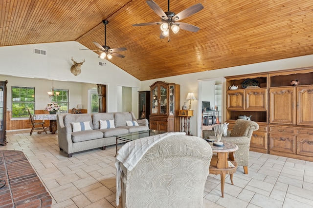 2227 Fm 2815 S, Bonham, TX 75418 - living room featuring ceiling fan, high vaulted ceiling, and wood ceiling