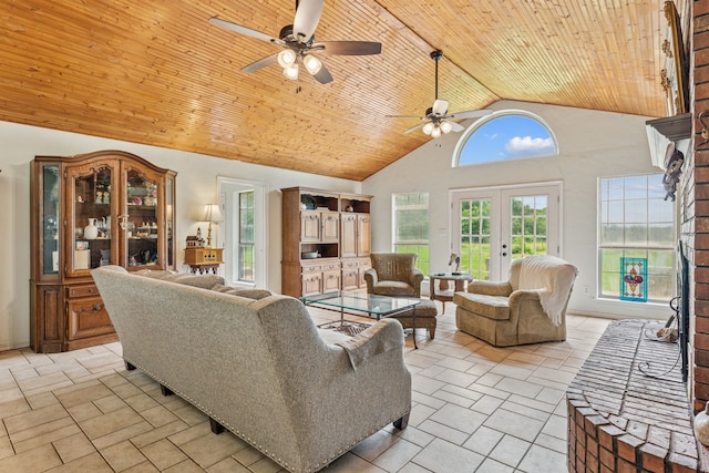 2227 Fm 2815 S, Bonham, TX 75418 - living area with ceiling fan, wooden ceiling, high vaulted ceiling, and french doors