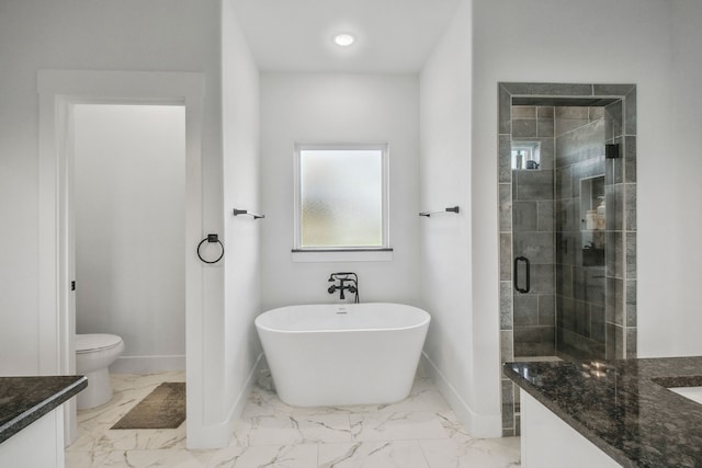 5185 Fox Trot Ln, Caddo Mills, TX 75135 - bathroom featuring vanity, baseboards, marble finish flooring, toilet, and a shower stall