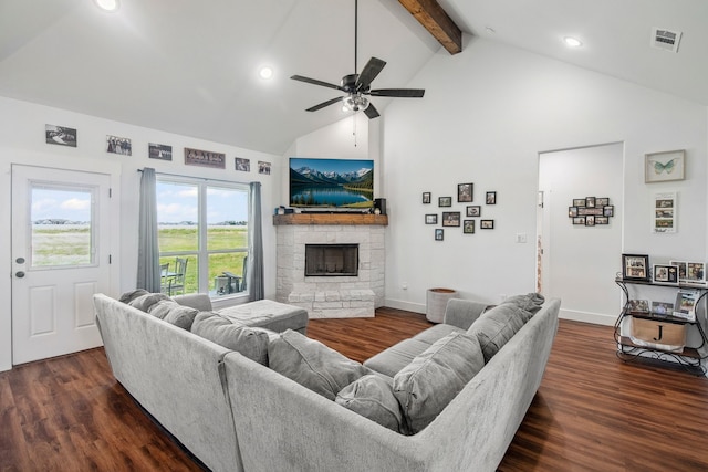 5185 Fox Trot Ln, Caddo Mills, TX 75135 - living room with high vaulted ceiling, a fireplace, beamed ceiling, ceiling fan, and dark wood finished floors