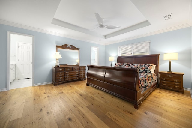 15810 Ranchita Dr, Dallas, TX 75248 - bedroom with a raised ceiling, light wood finished floors, ornamental molding, a ceiling fan, and baseboards