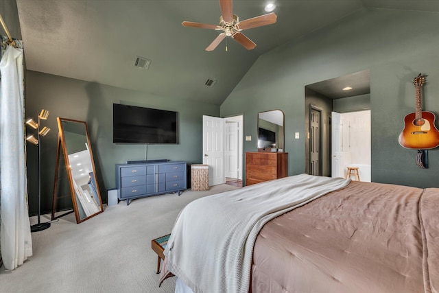 13734 Riverview Dr, Woodway, TX 76712 - carpeted bedroom with high vaulted ceiling and ceiling fan