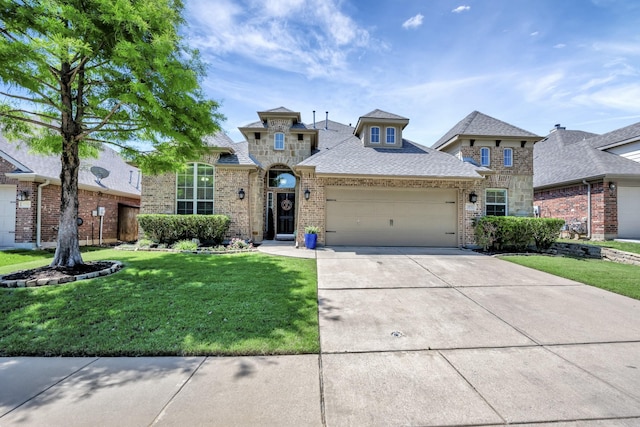 3532 Gallant Trl, Fort Worth, TX 76244 - french country home featuring a garage, a front yard, driveway, brick siding, and a shingled roof