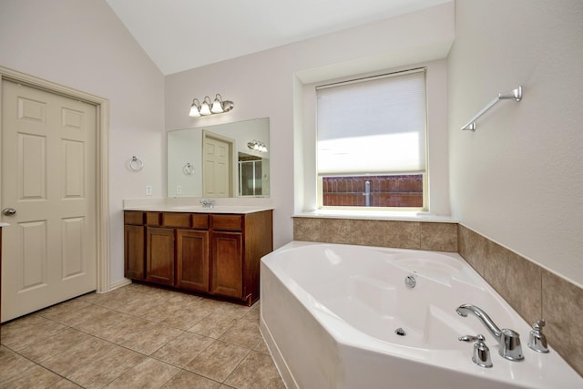 3532 Gallant Trl, Fort Worth, TX 76244 - full bath featuring vanity, a bath, lofted ceiling, and tile patterned floors