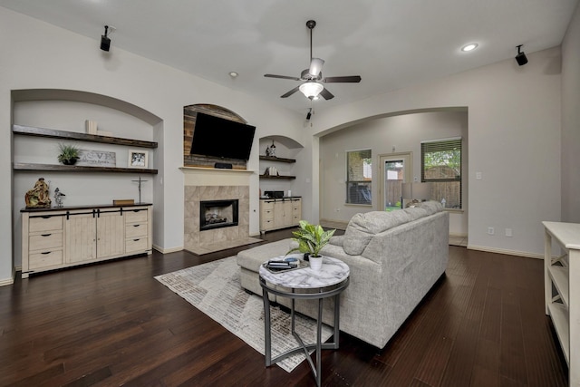 3532 Gallant Trl, Fort Worth, TX 76244 - living area featuring a fireplace, ceiling fan, dark wood-style floors, recessed lighting, and baseboards